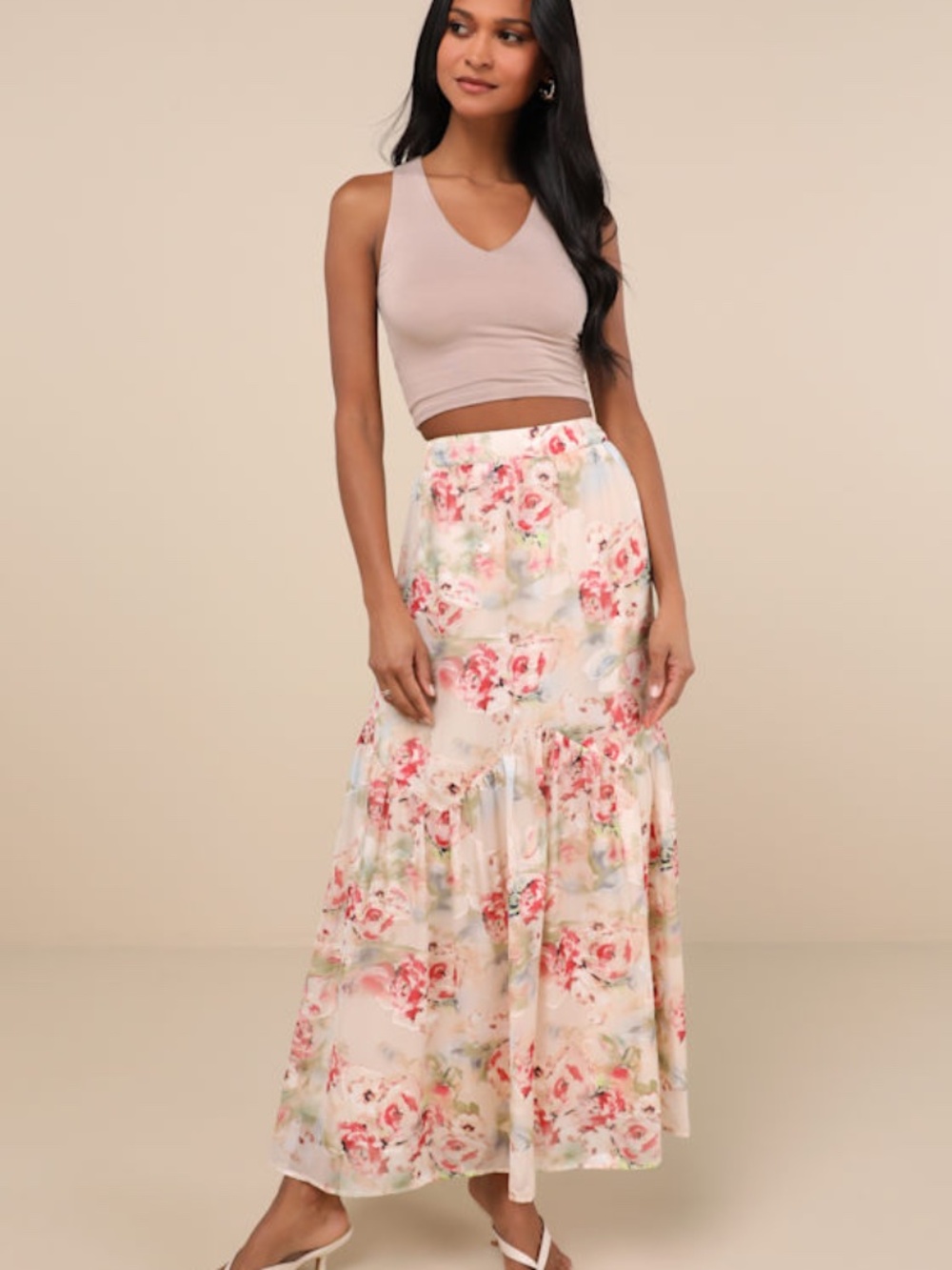 Lulus Jalina Cream Multi Floral Jacquard High-rise Maxi Skirt White - Size M